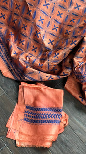 Pure Tussar Silk Kantha Stitch -  Rust Orange