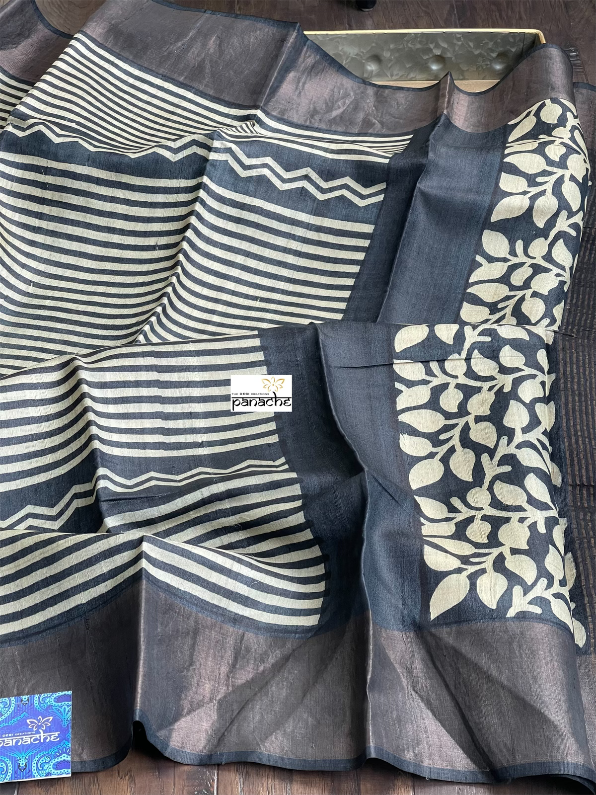 Pure Tussar Silk Printed -  Beige Black