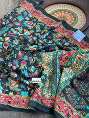 Pashmina Silk Printed - Black Firozi Floral