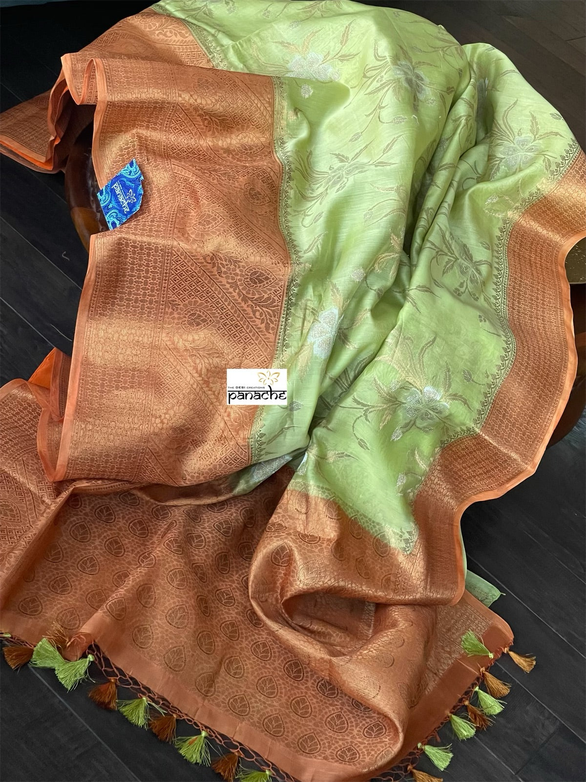 Mulmul Tissue Cotton Banarasi - Pista Green Orange Golden Zari