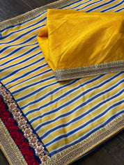 Muslin Soft Silk Printed - Blue Yellow Striped