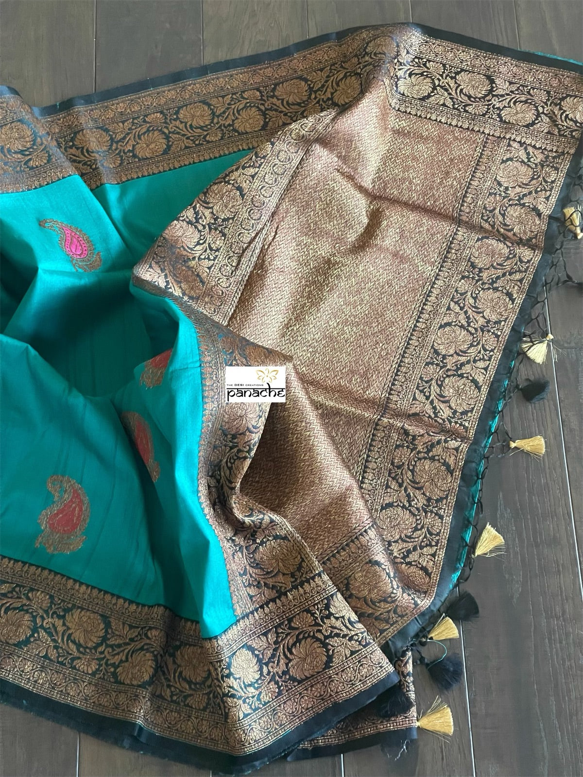 Tussar Silk Banarasi - Firozi Blue Black Meenakari