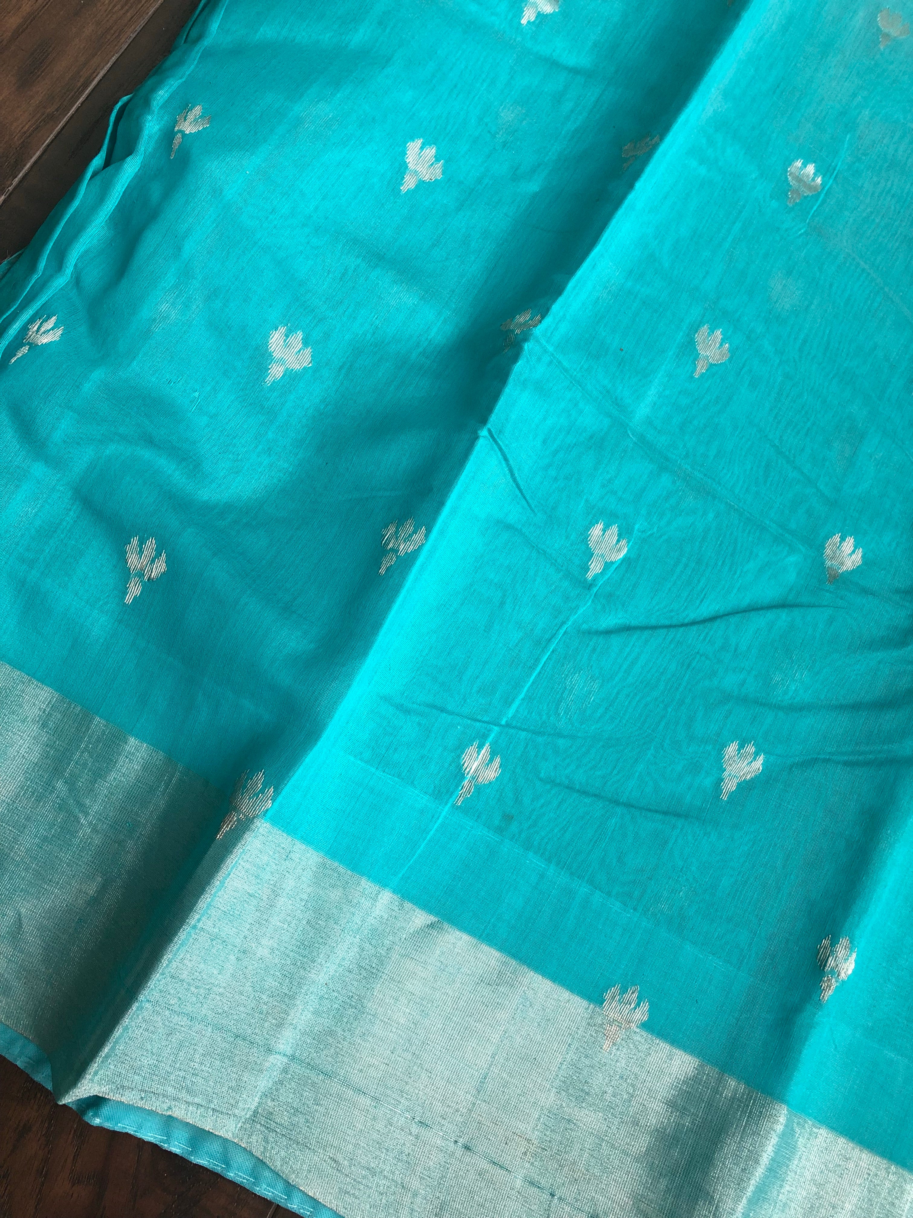 Chanderi Silk Cotton - Firozi Silver Zari