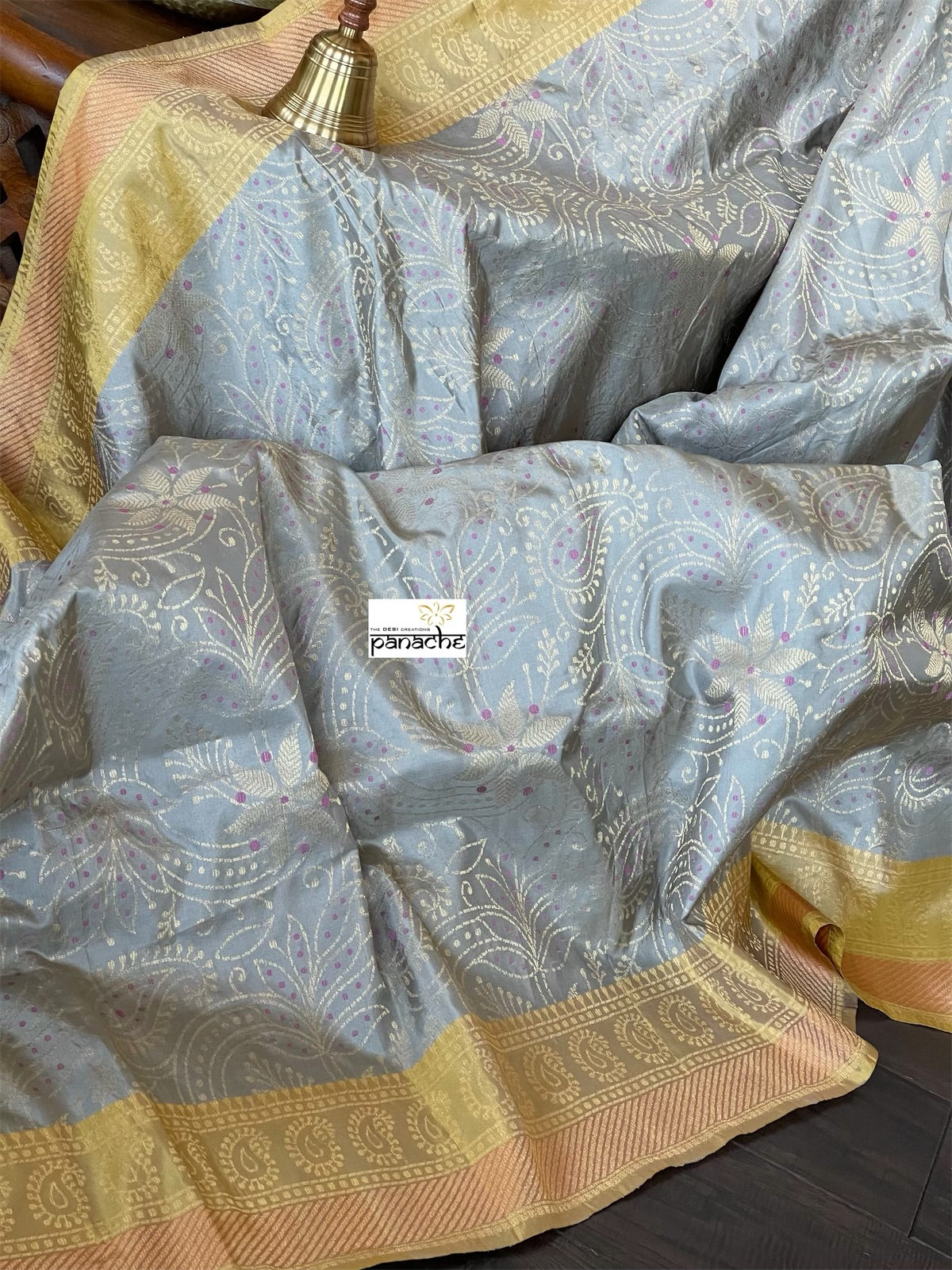 Katan Silk Banarasi - Grey Ochre Yellow