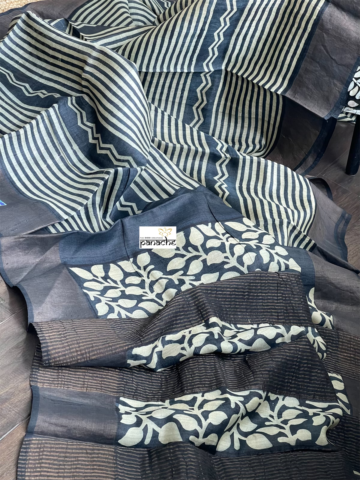 Pure Tussar Silk Printed -  Beige Black