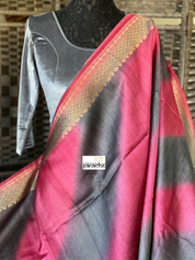 Tussar Silk Banarasi Shaded - Grey Raspberry Pink Antique Golden Zari