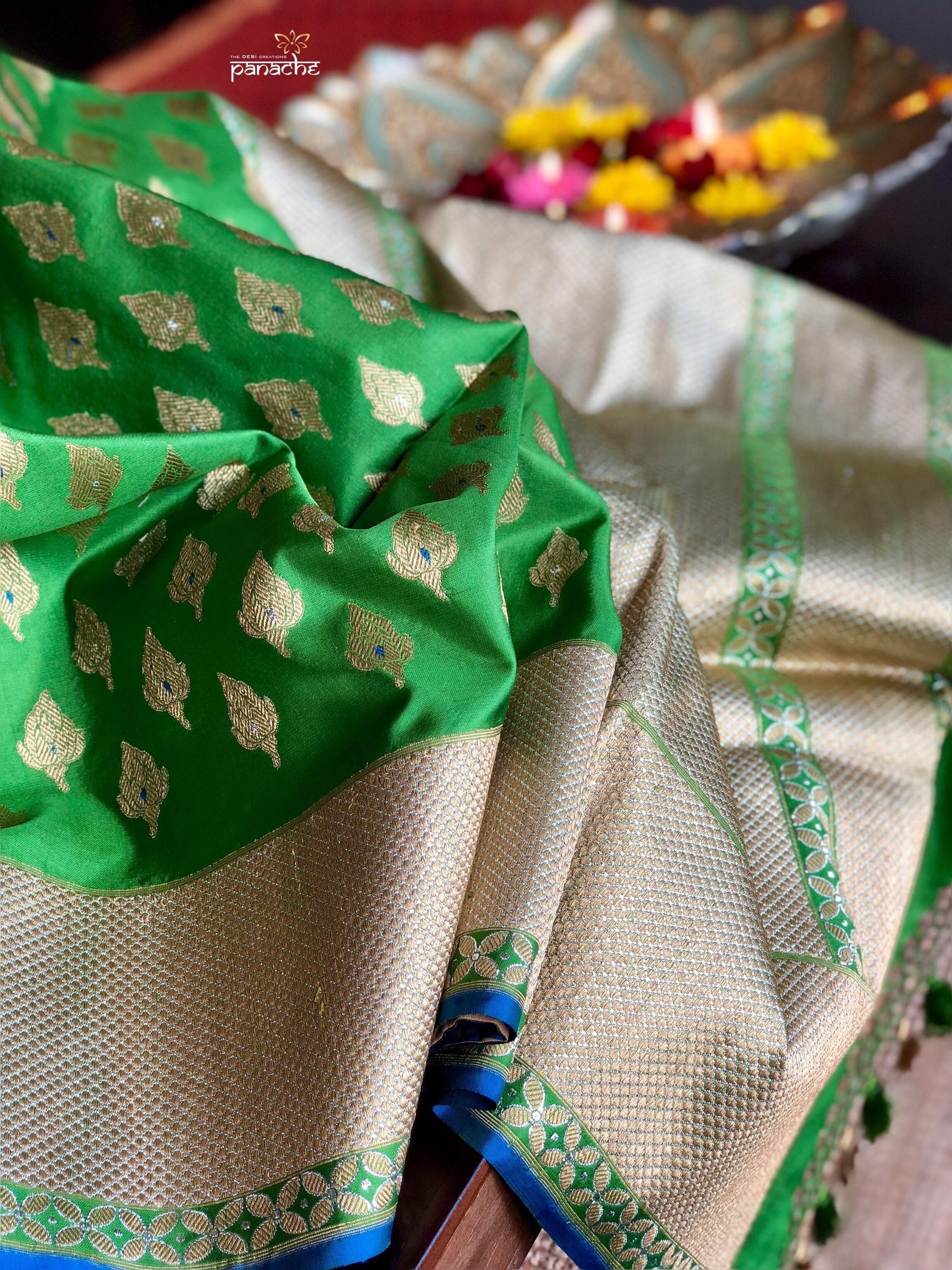 Silk Banarasi - Green Silver Golden Zari