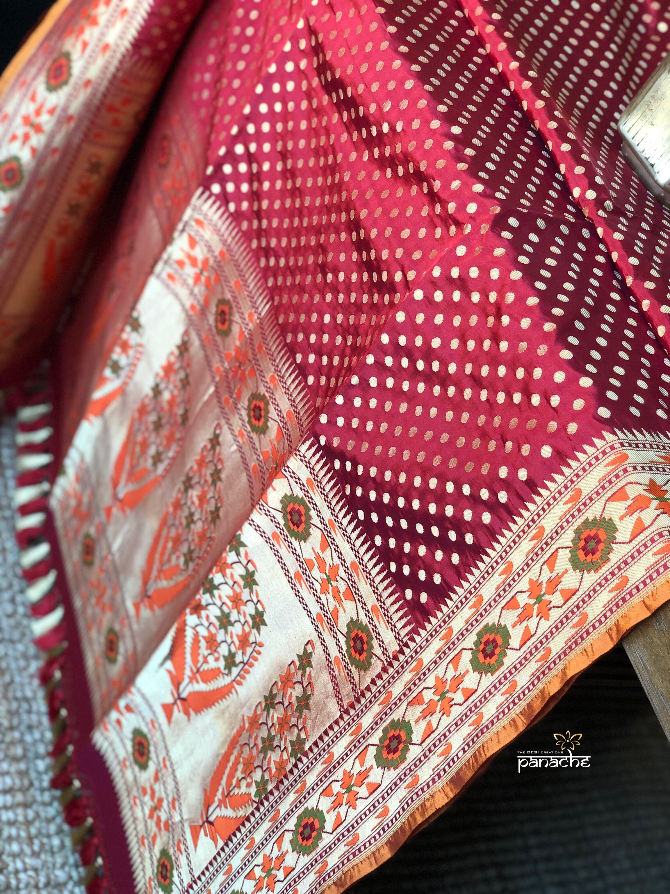 Silk Banarasi - Red Rusty Orange Paithani border