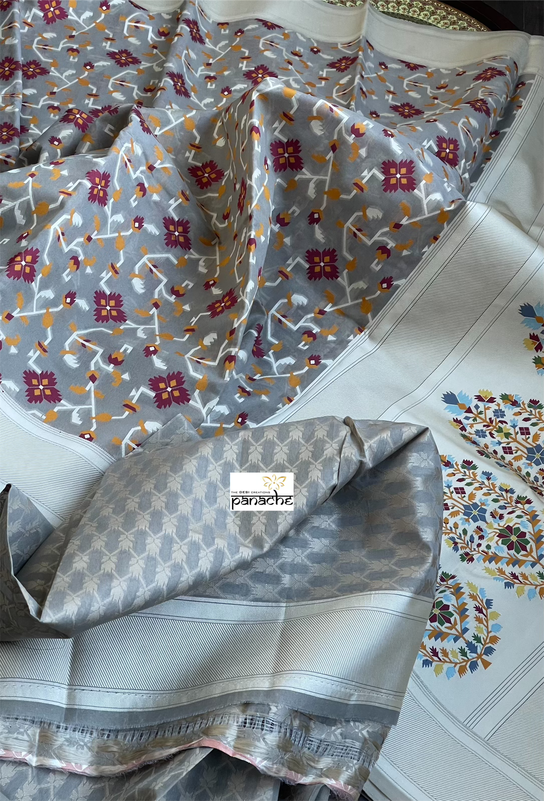 Kora Resham Woven - Grey Maroon