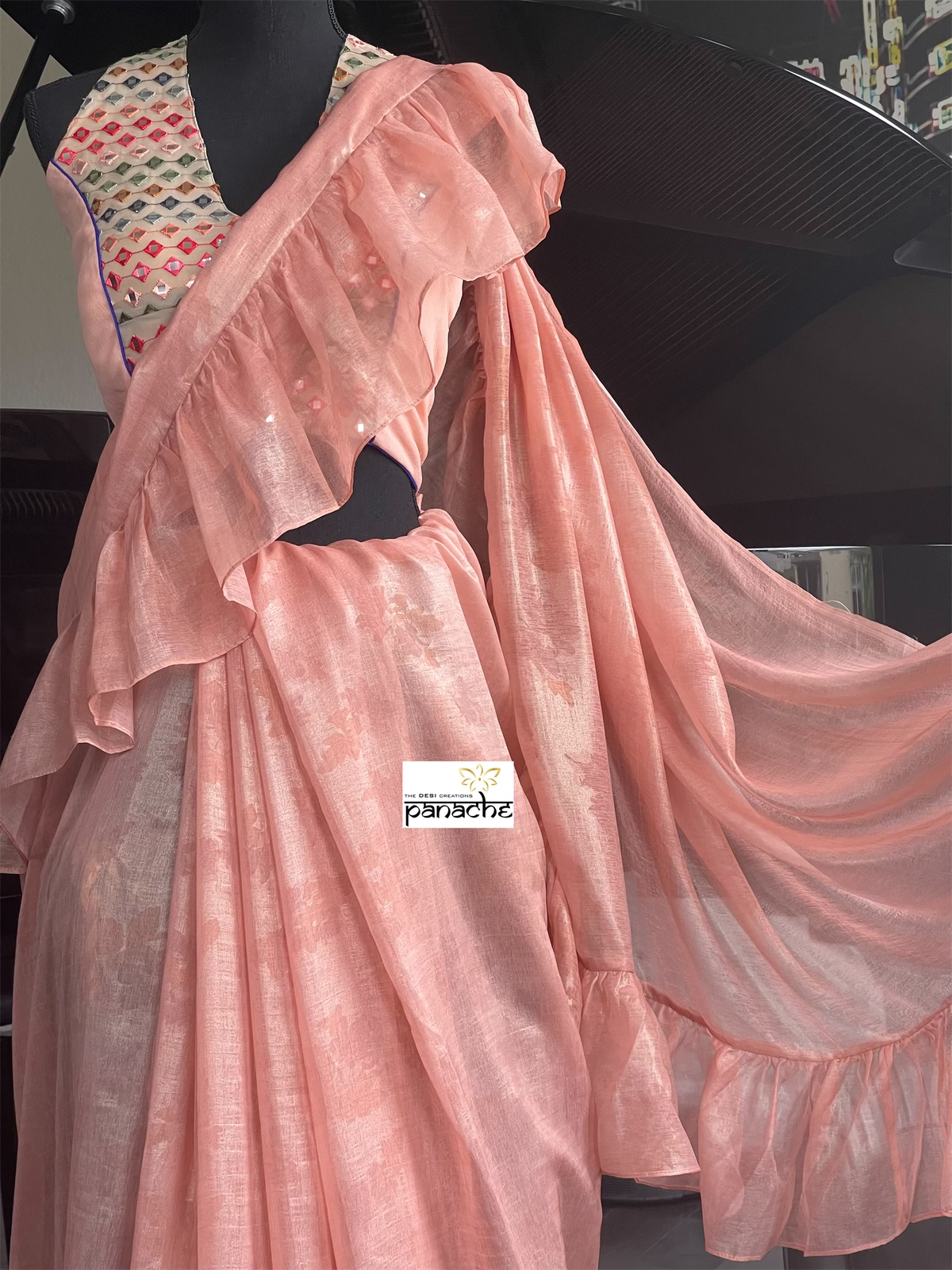 Designer Chiffon Silk - Peach Frill Saree