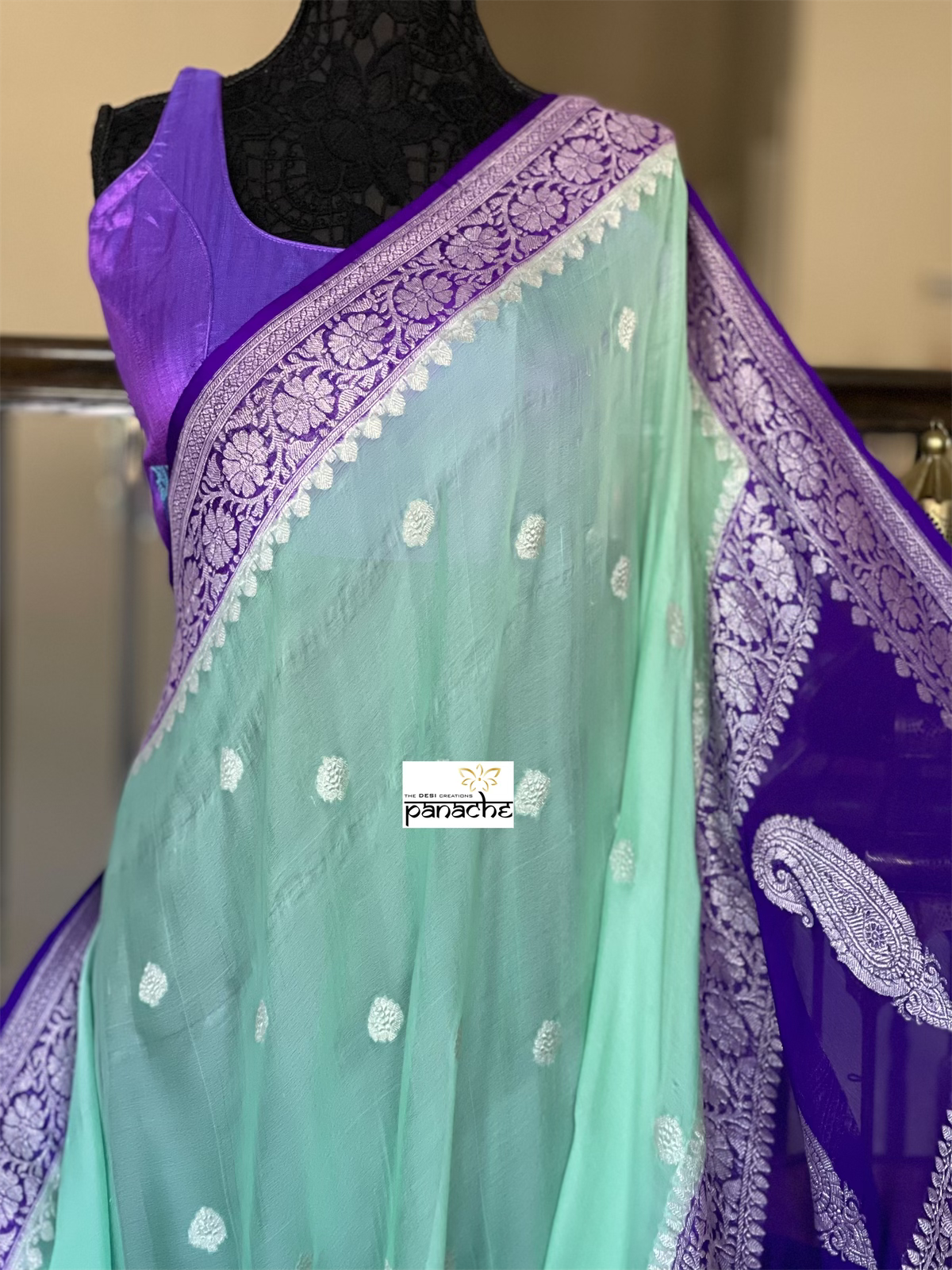 Chiffon Georgette Silk Banarasi - Mint Green Purple Silver Zari