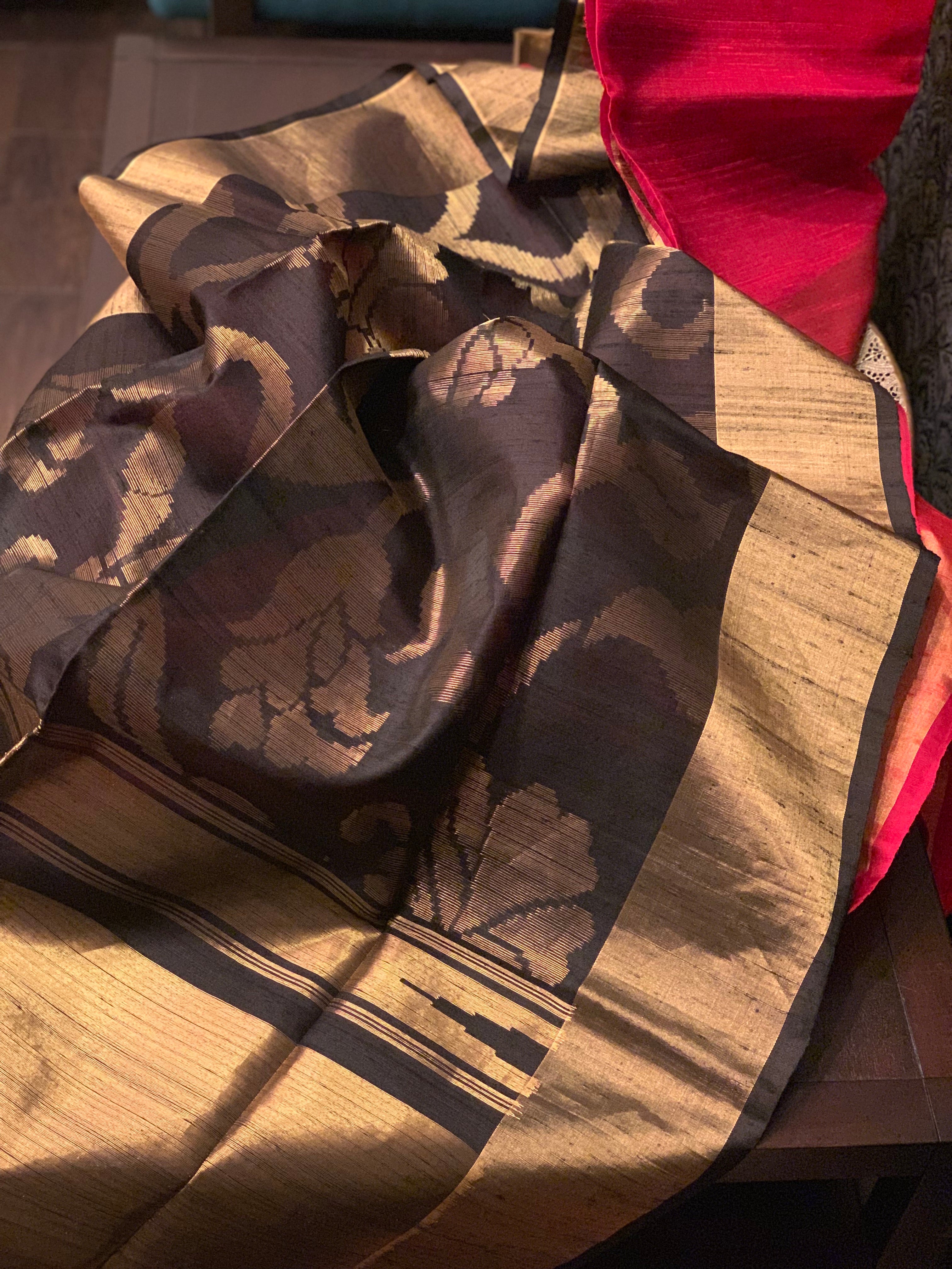 Tussar Dupion Silk Banarasi - Black Red