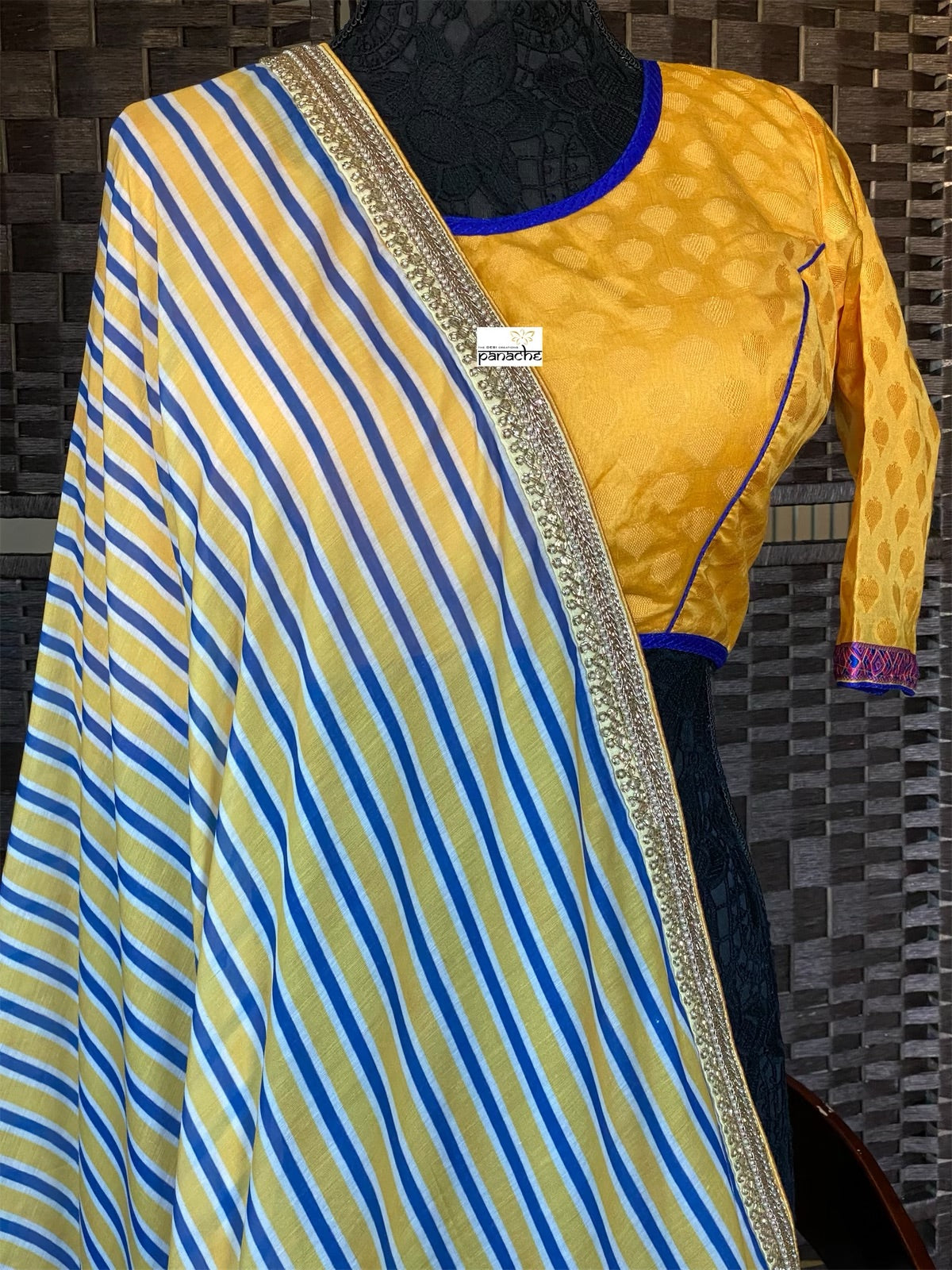 Muslin Soft Silk Printed - Blue Yellow Striped