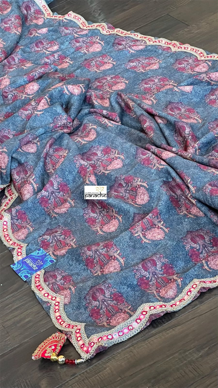 Designer Jute Silk - Grey Orange Printed