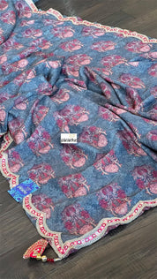 Designer Jute Silk - Grey Orange Printed