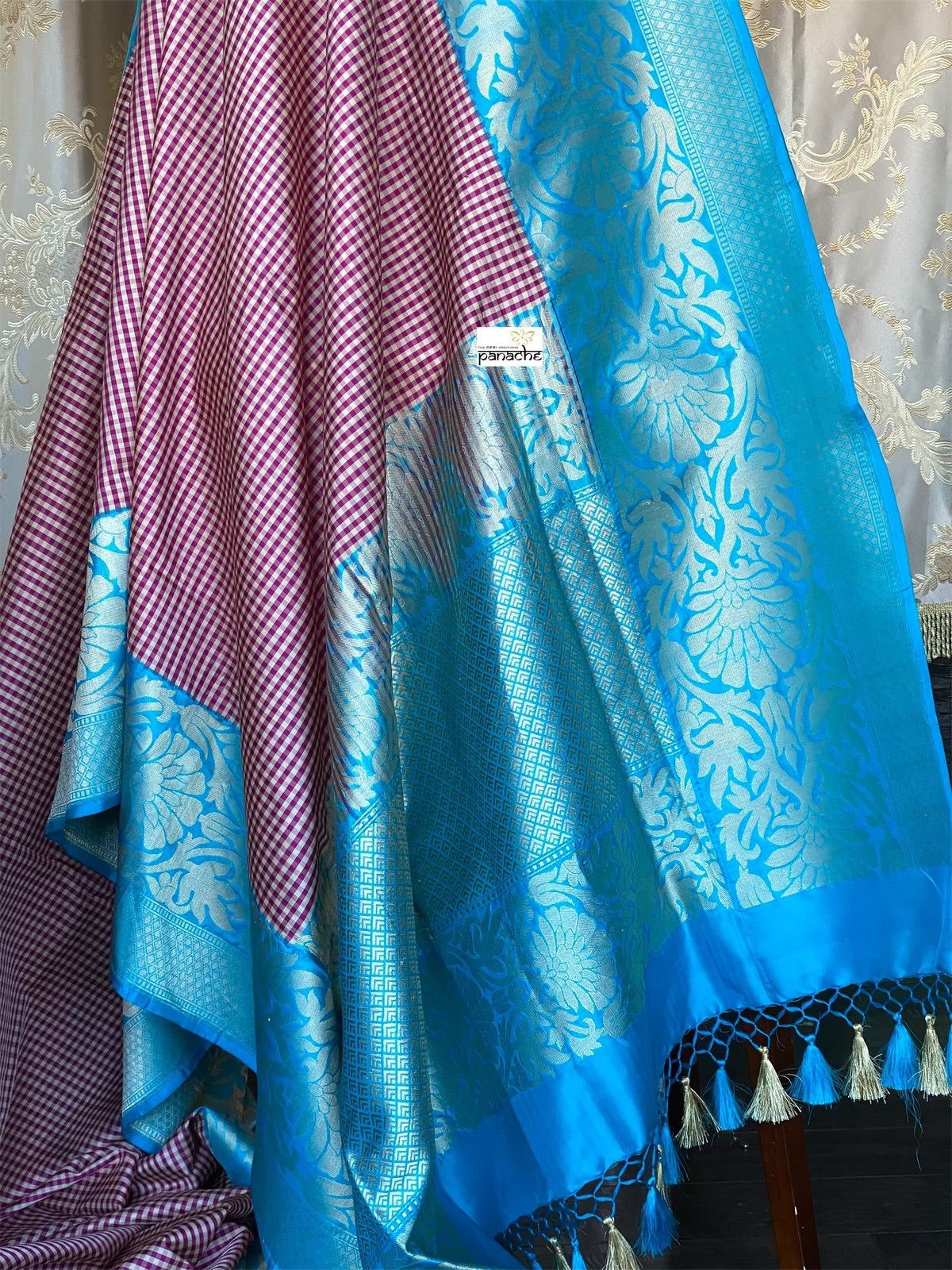 Katan Silk Banarasi - Off-white Purple Checks