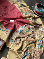 Pen Kalamkari Tussar Silk - Hand-painted Brick Red