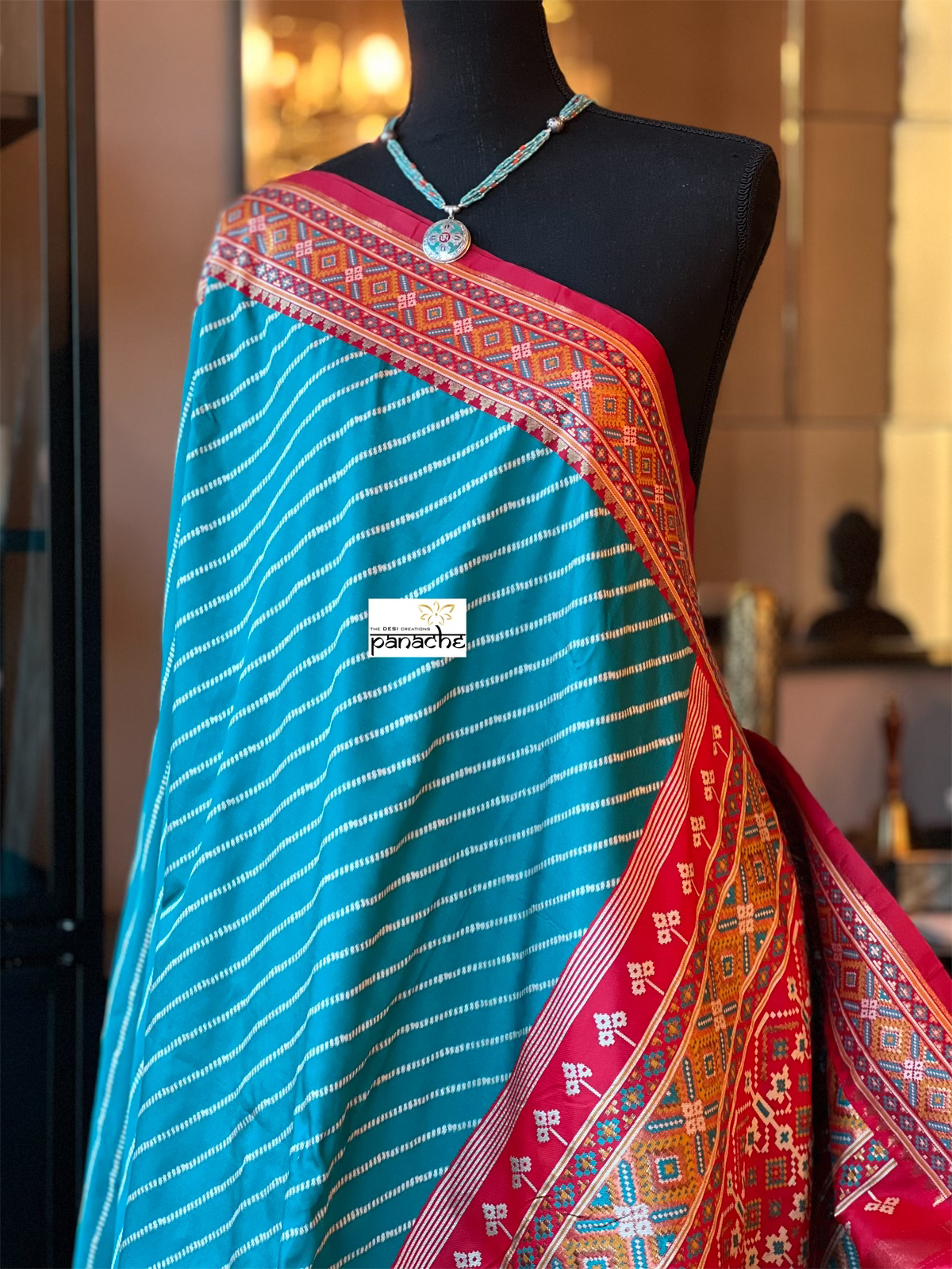 Soft Silk Patola Banarasi - Firozi Blue Red Antique Golden Zari