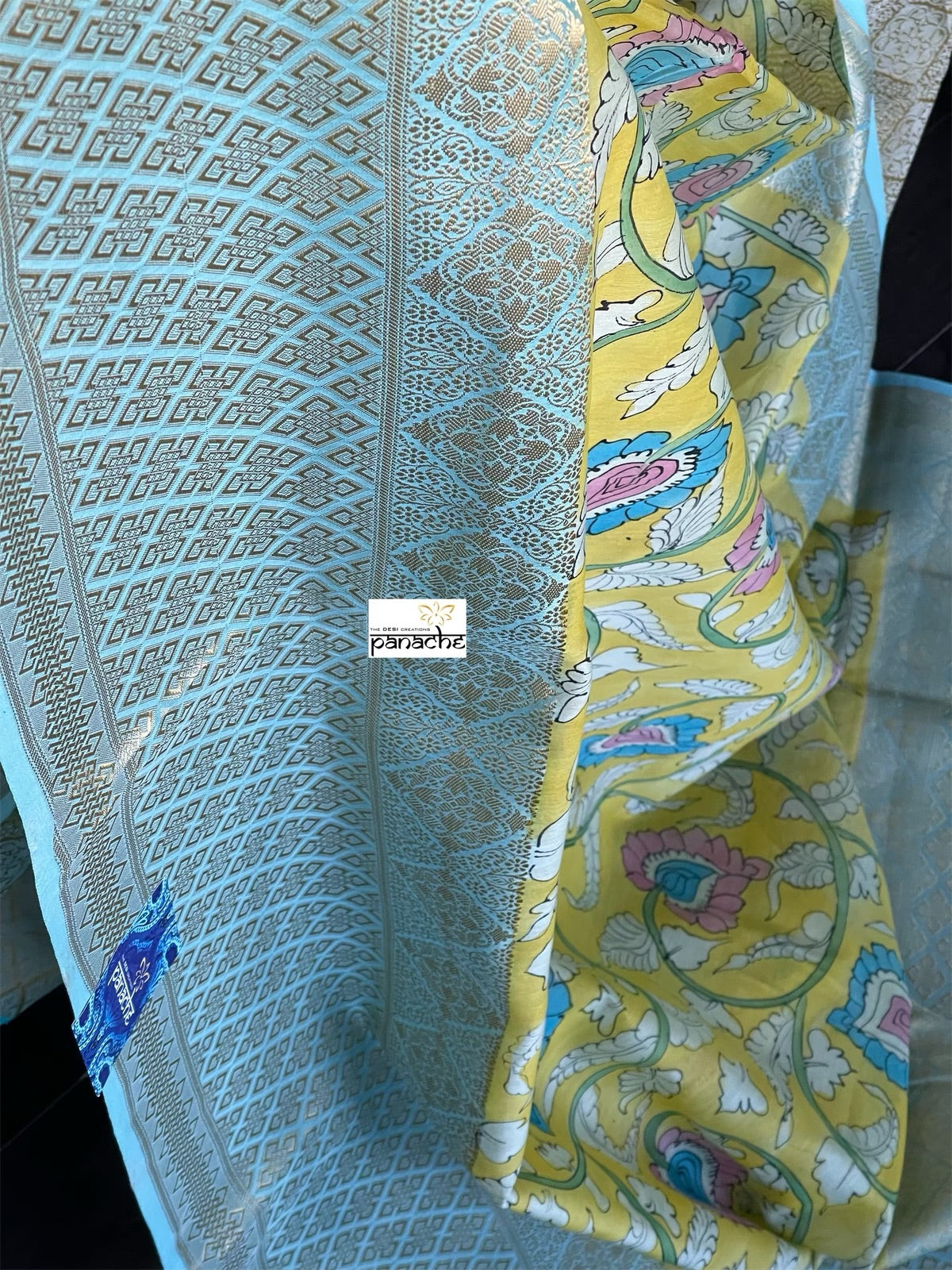 Pure Cotton Silk Kalamkari Banarasi- Yellow