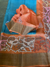 Pure Tussar Silk Kantha Stitch - Grey Rust