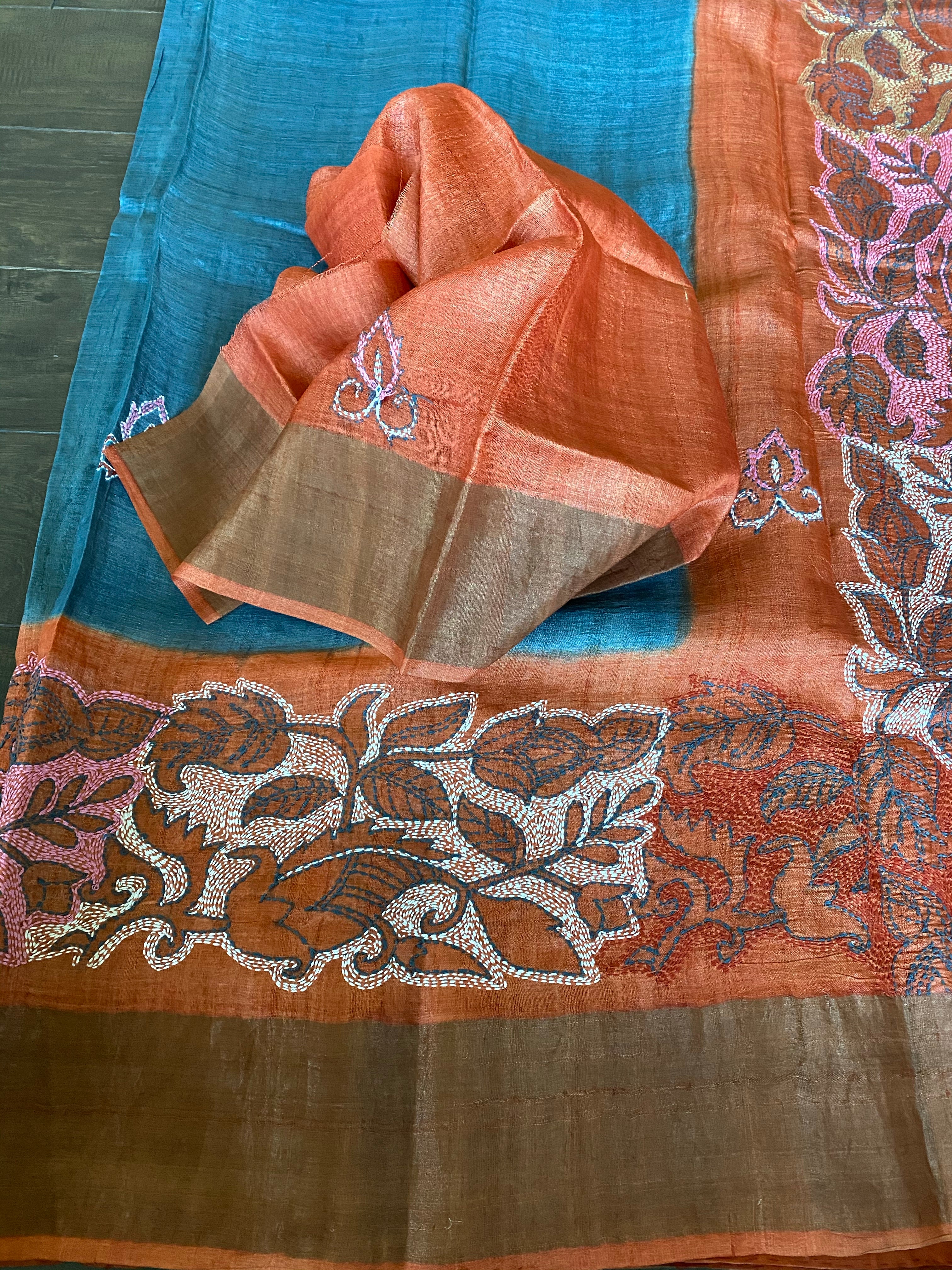 Pure Tussar Silk Kantha Stitch - Grey Rust