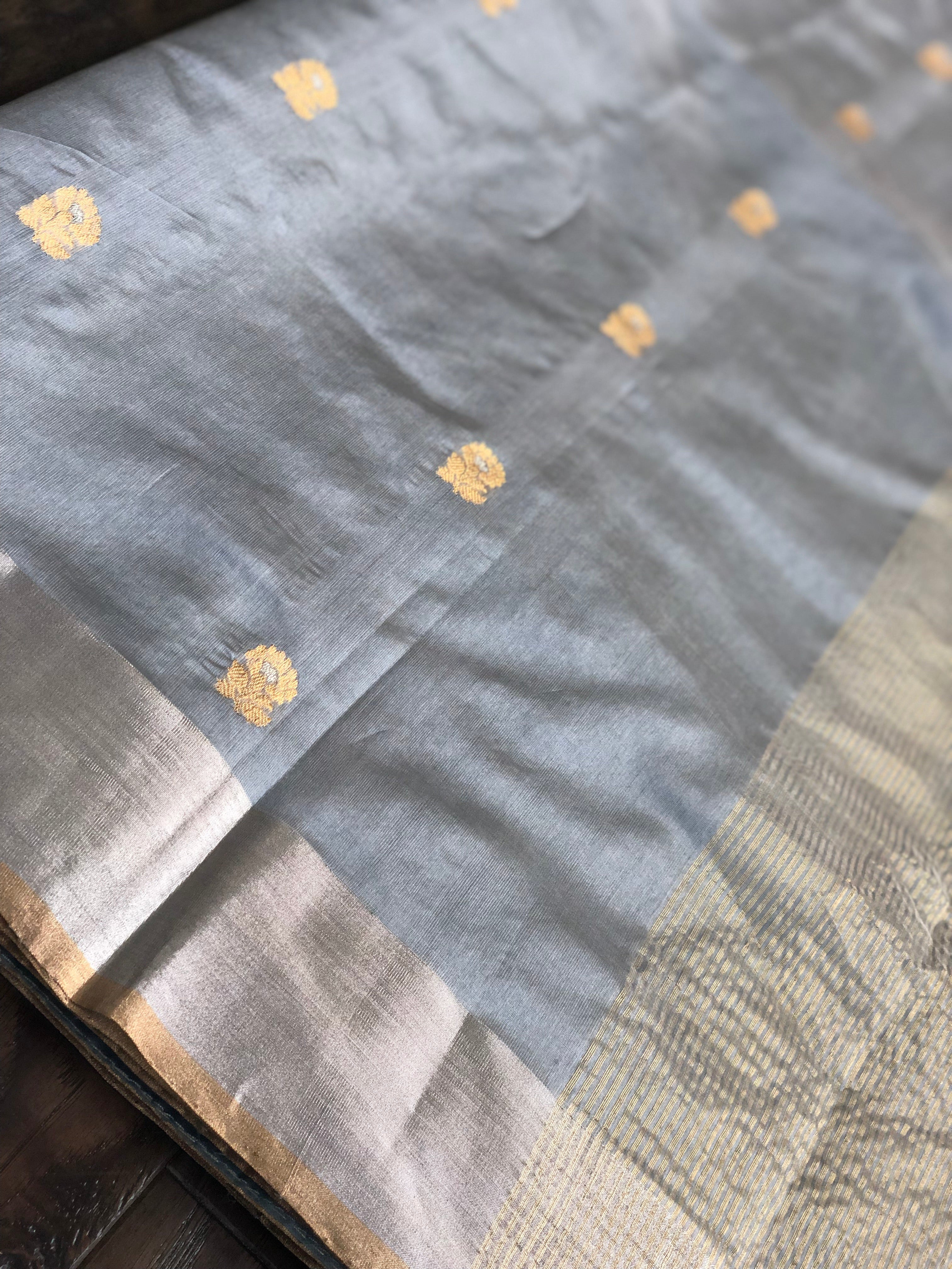 Pure Chanderi Silk - Grey Silver Meenakari