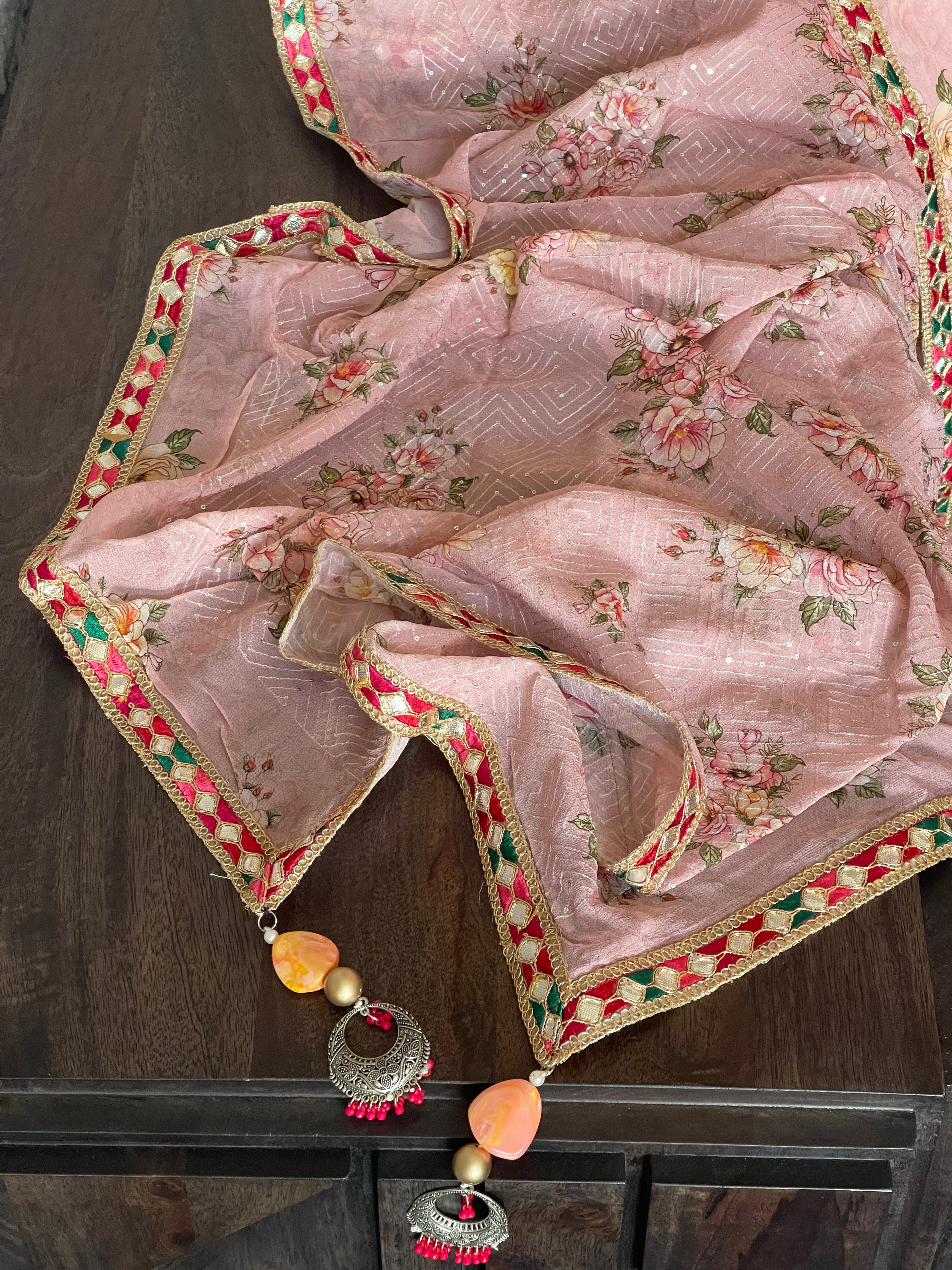 Designer Crepe Georgette Sequin Floral  - Dusty Pink