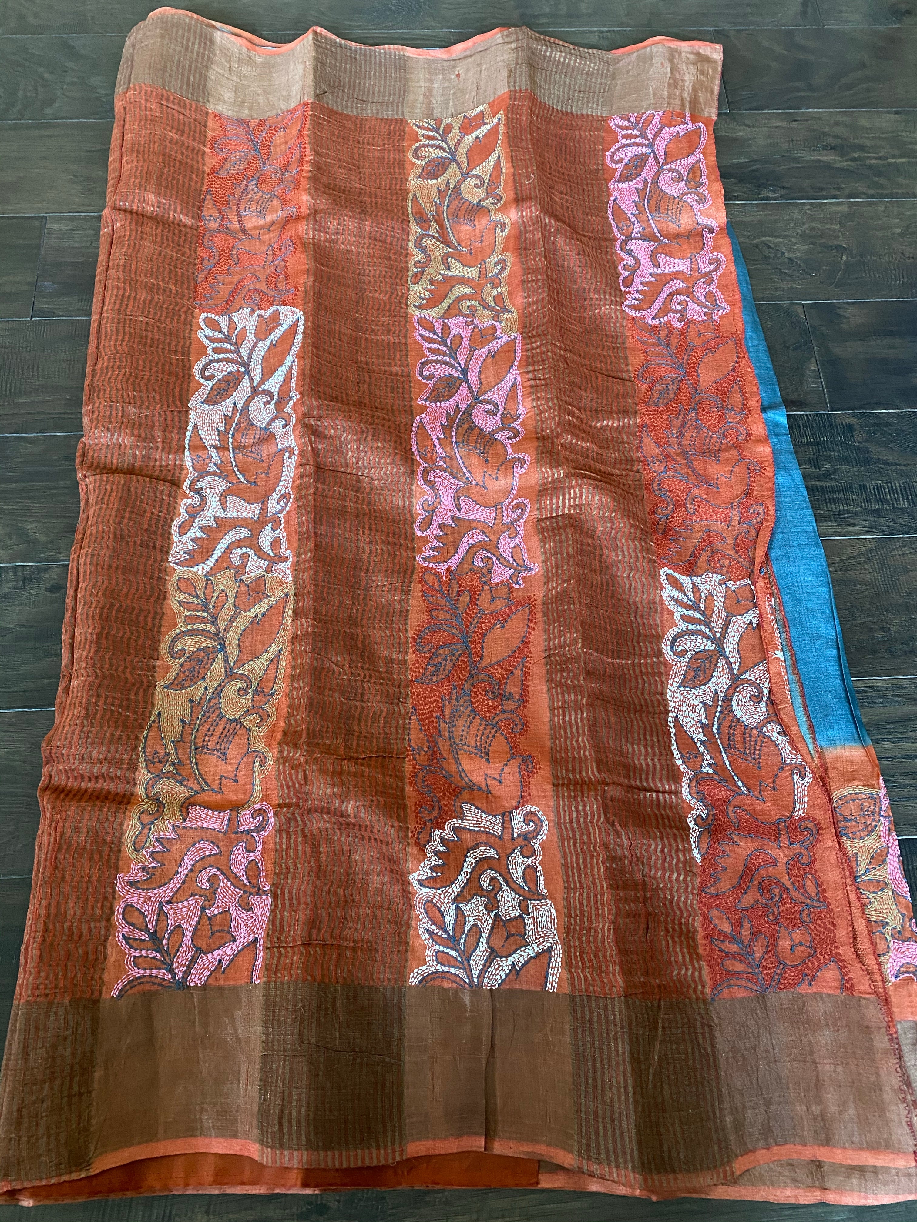 Pure Tussar Silk Kantha Stitch - Grey Rust