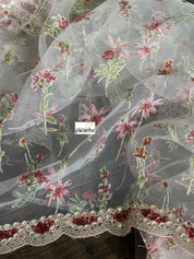 Designer Organza - Off-white Maroon Hand embroidered