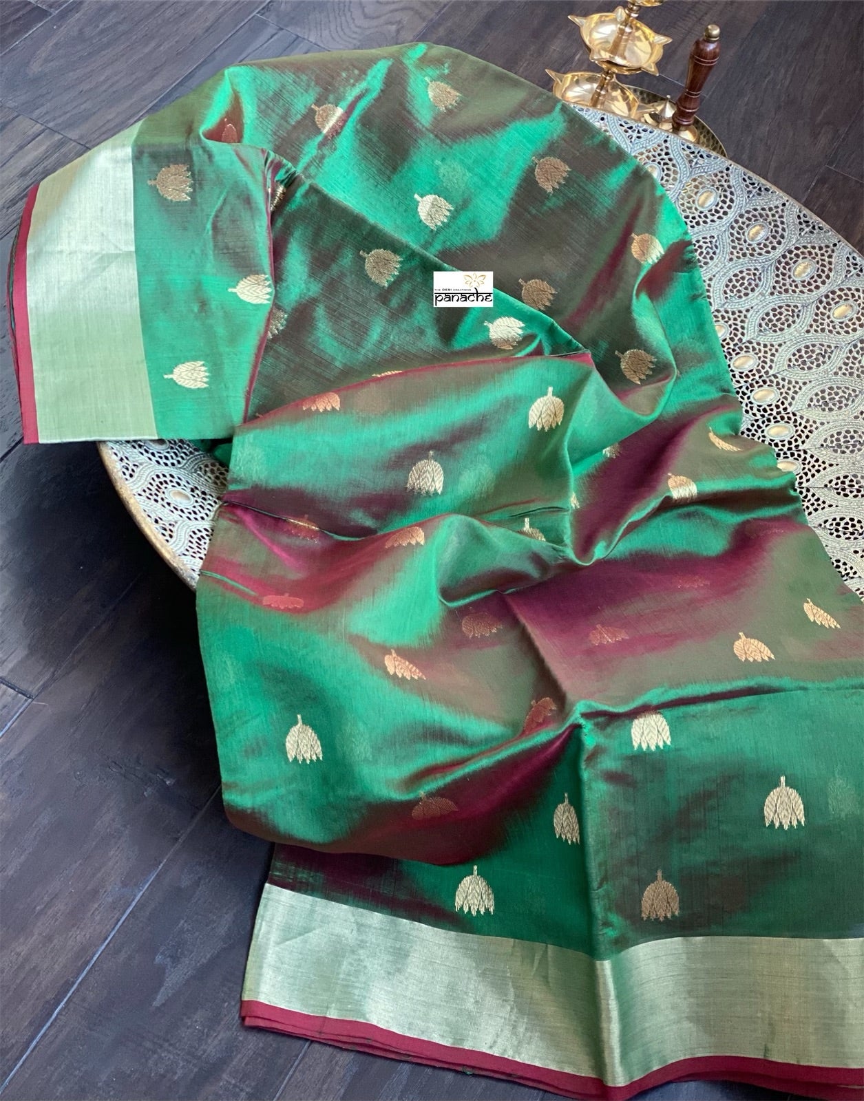 Pure Chanderi Silk - Green Dual Shaded Golden Zari