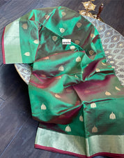 Pure Chanderi Silk - Green Dual Shaded Golden Zari