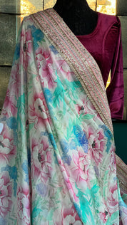 Designer Chiffon  - Pink Sea Green Multi color