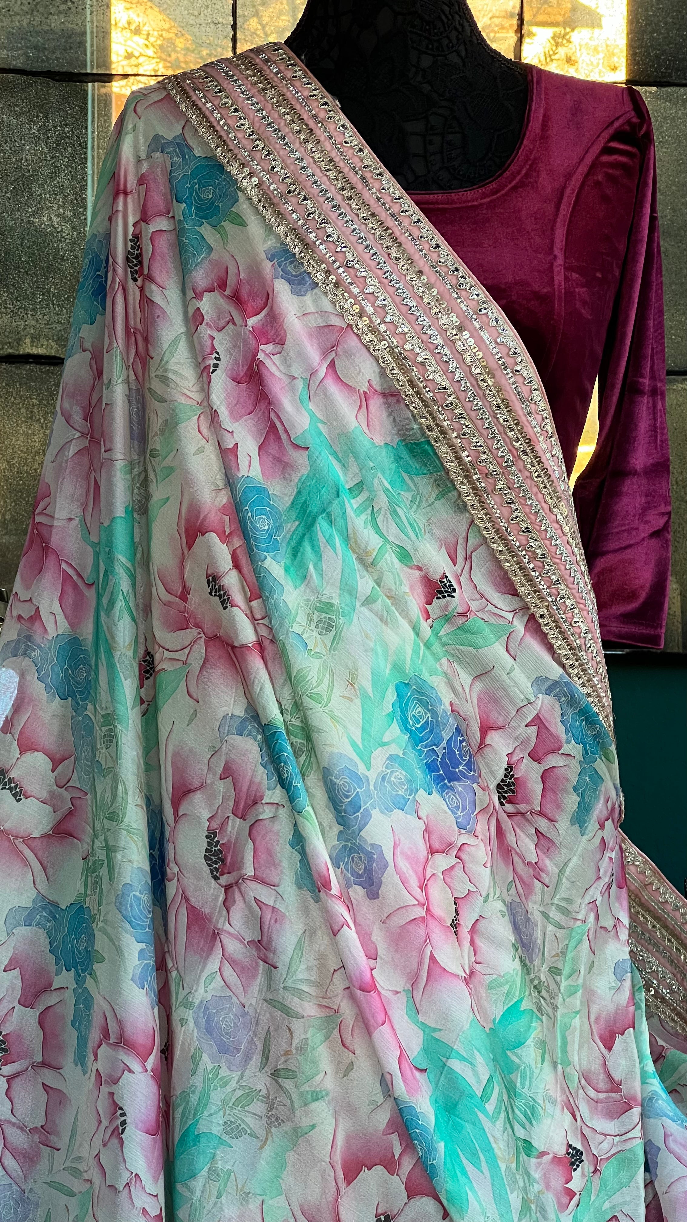 Designer Chiffon  - Pink Sea Green Multi color