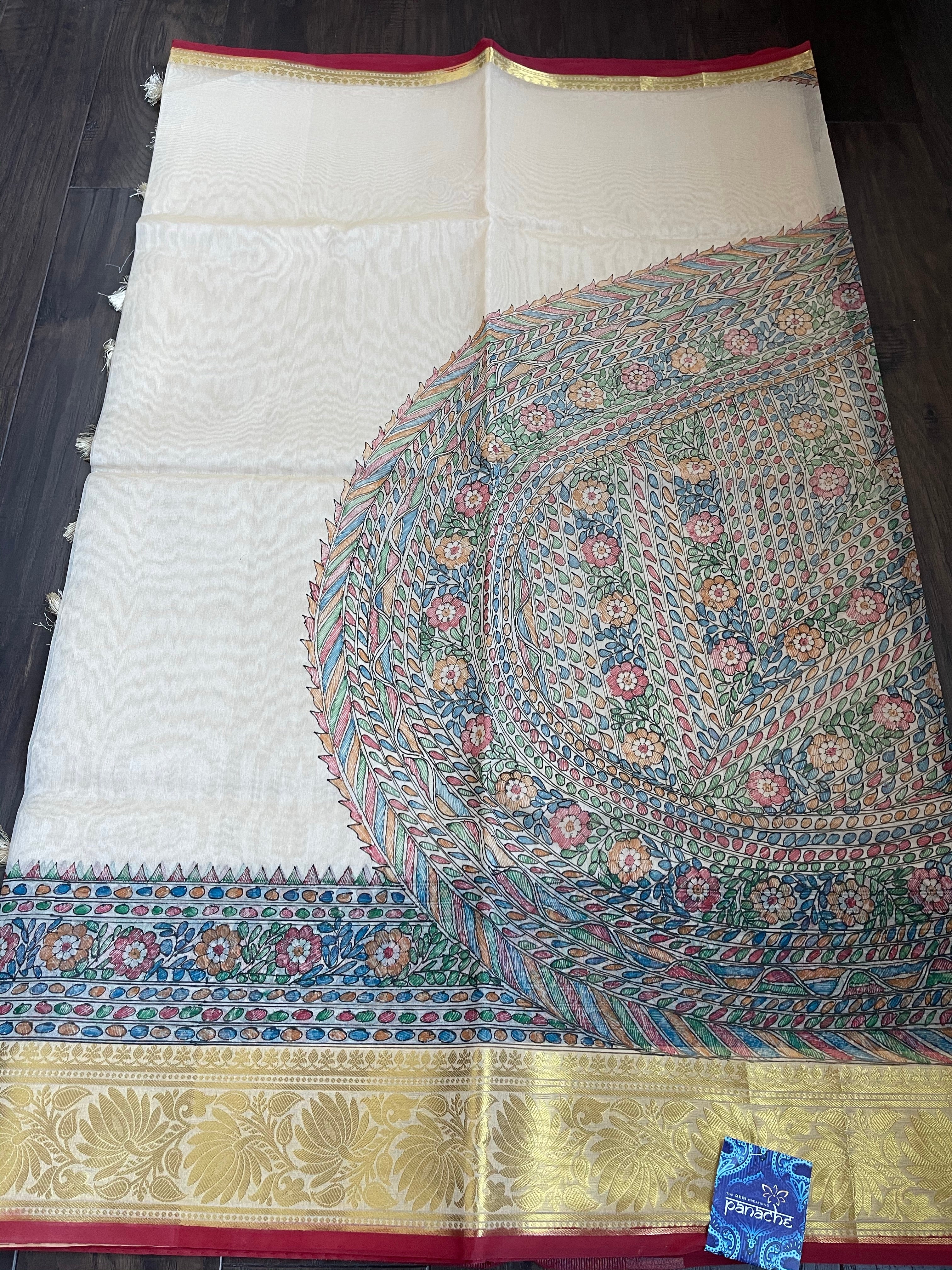 Kora Silk Banaras - Beige Madhubani Printed