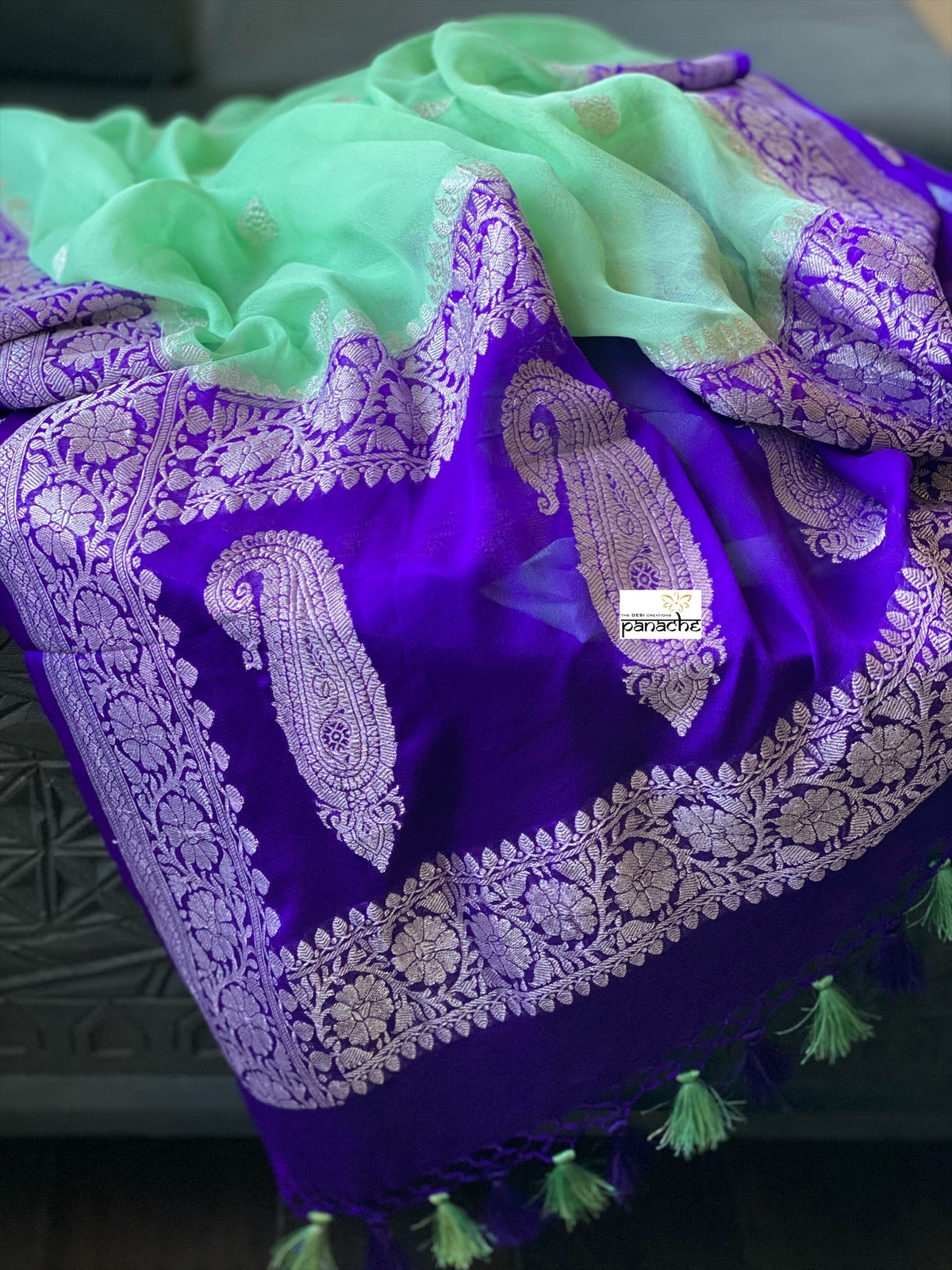 Chiffon Georgette Silk Banarasi - Mint Green Purple Silver Zari