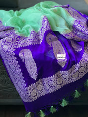 Chiffon Georgette Silk Banarasi - Mint Green Purple Silver Zari