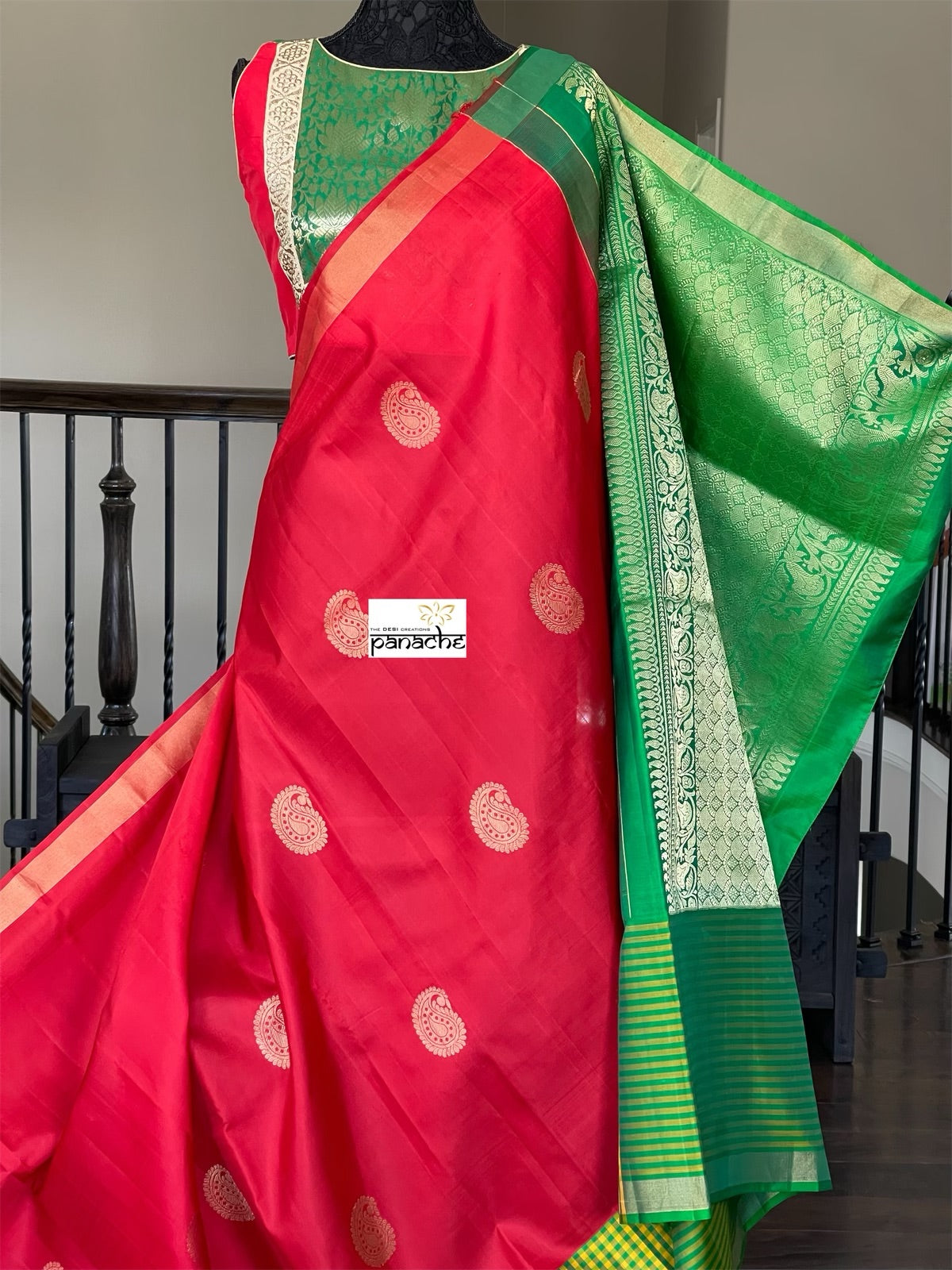 Pure Silk Kanjivaram - Red Green Paisley