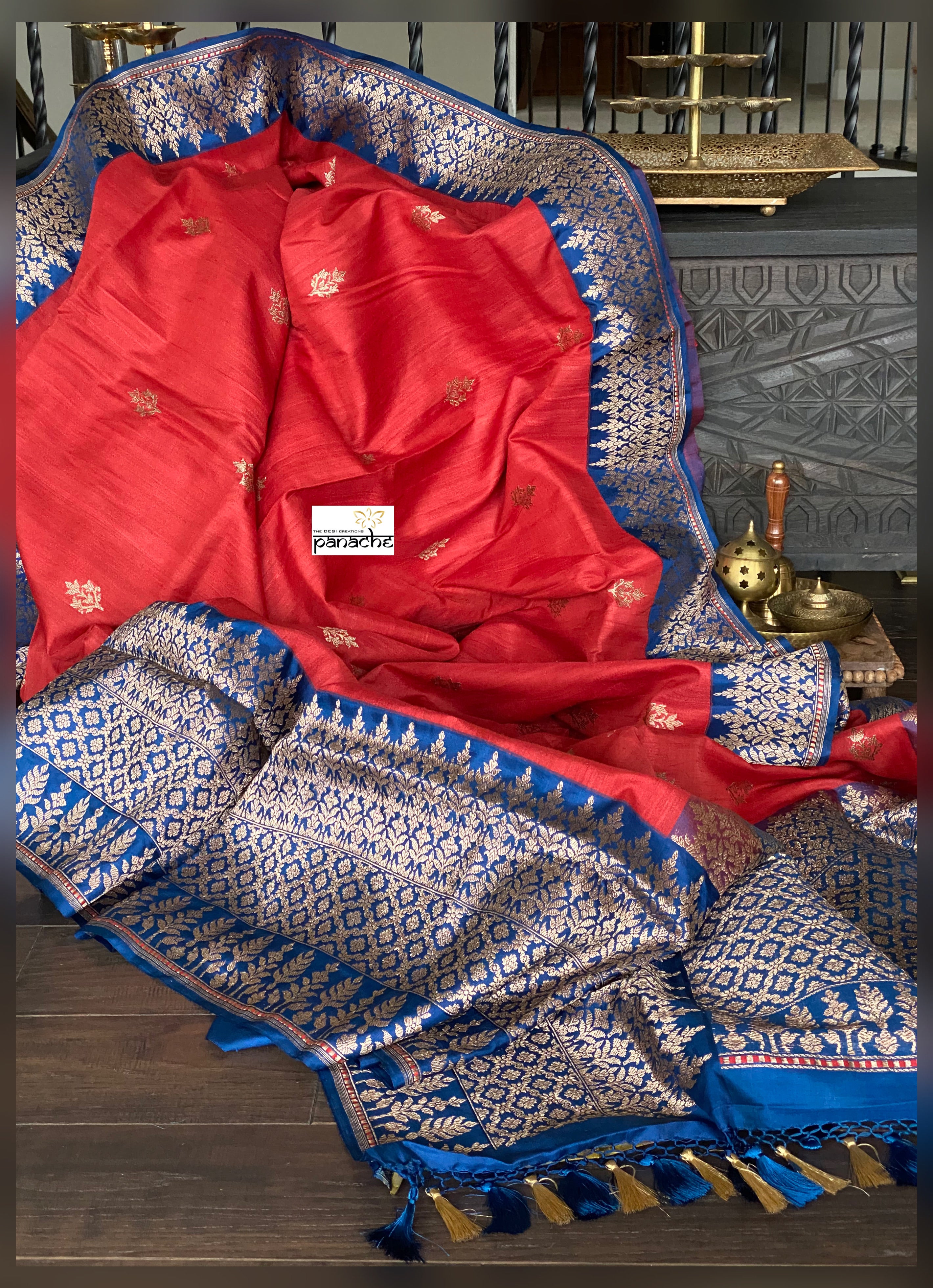 Pure Tassur Silk Banarasi - Red Blue