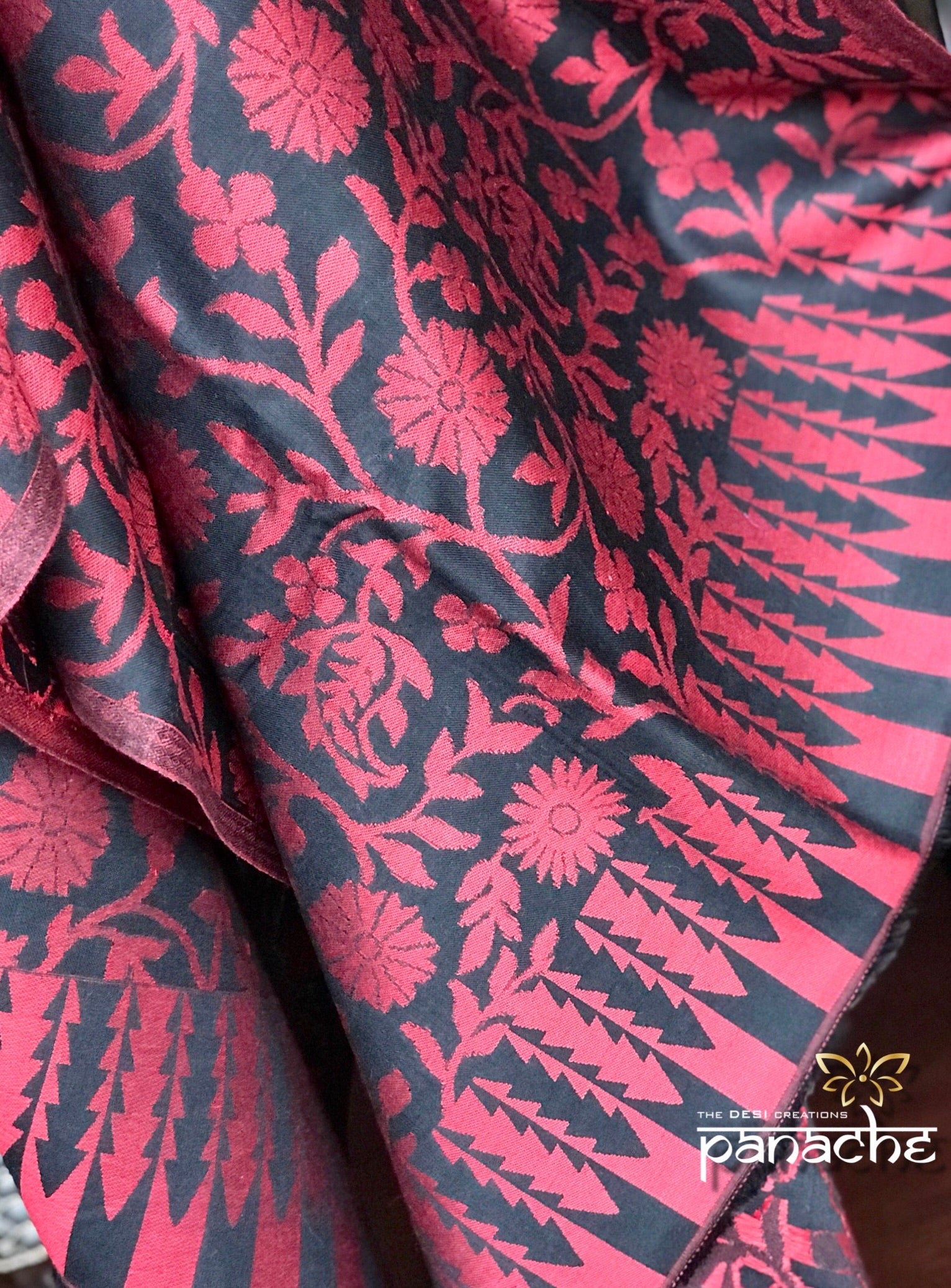 Semi Pashmina Stole - Black Maroon