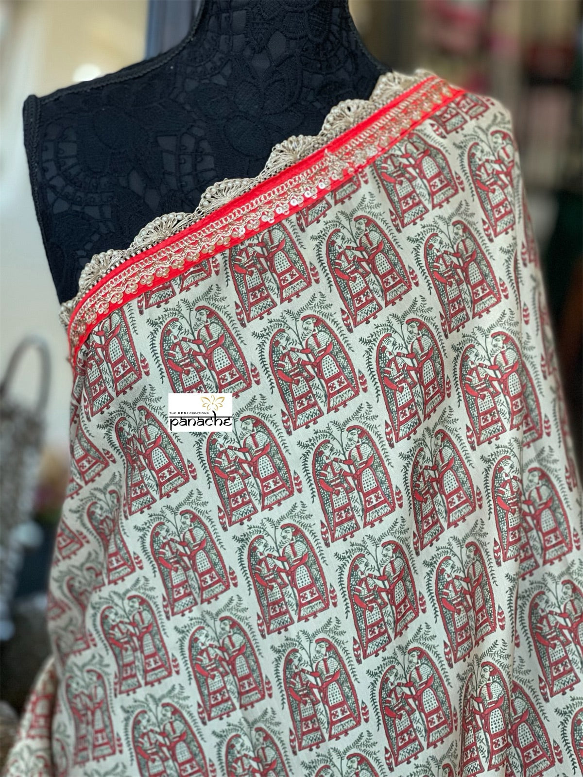 Designer Soft Silk - Beige Red Figurines Printed