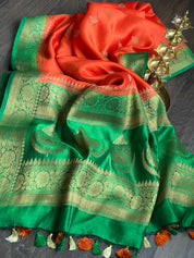 Chiniya Silk Banarasi - Reddish Orange Green