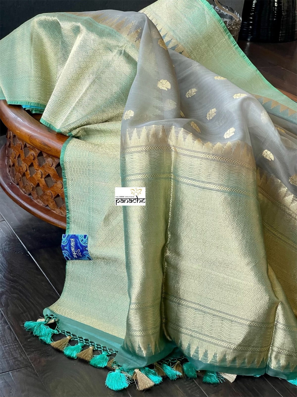 Organza Silk Banarasi - Grey Sea Green Kadwa Motifs