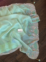 Designer Satin Organza - Mint Hand Embroidered