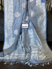 Pure Katan Silk Banarasi - Bluish Grey Meenakari Kadwa