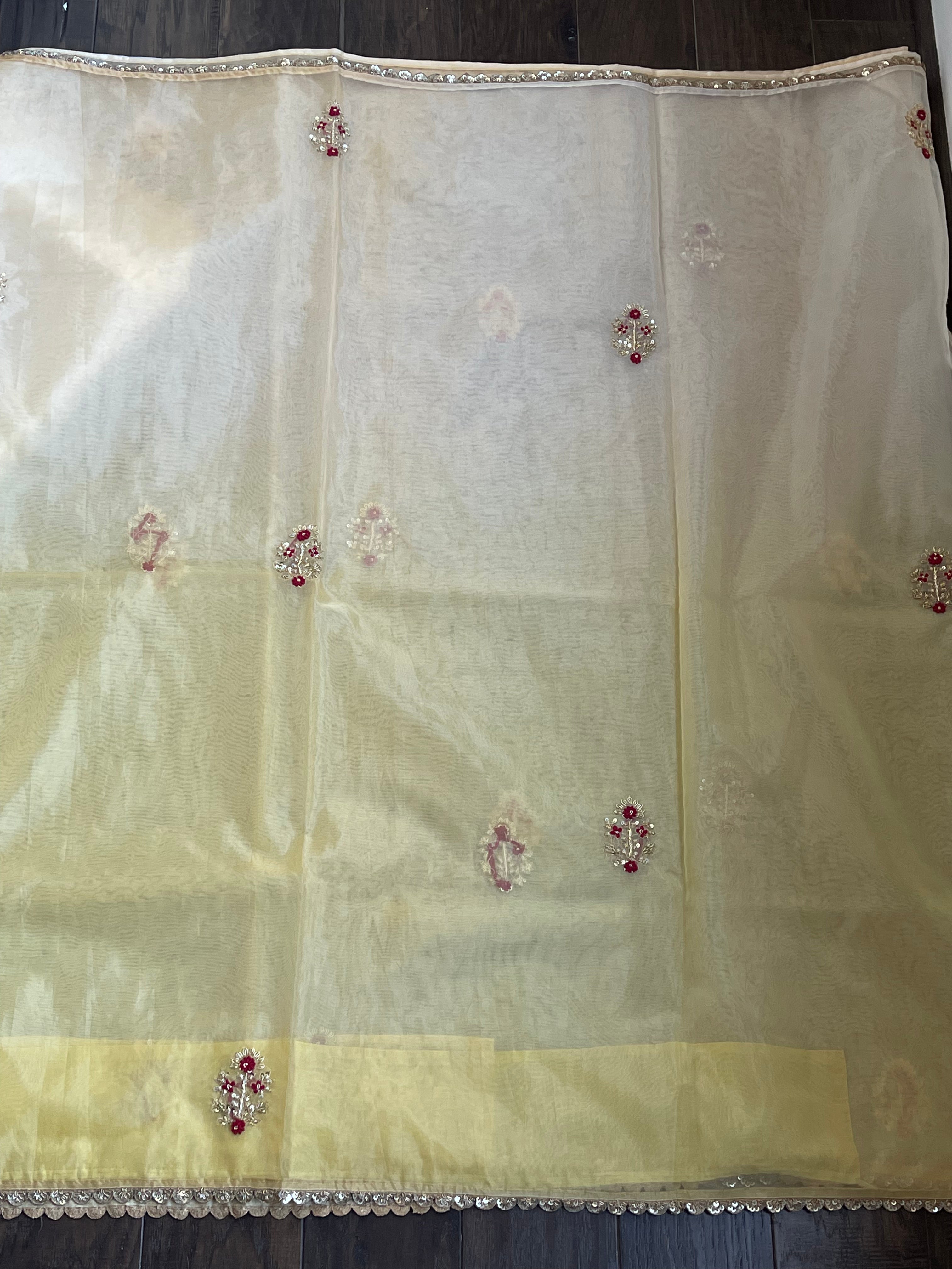 Designer Organza - Lemon Yellow mukaish Embroidered