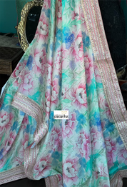 Designer Chiffon  - Pink Sea Green Multi color