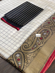 Pure Katan Silk Banarasi - Offwhite Black Checkered Kadwa Woven