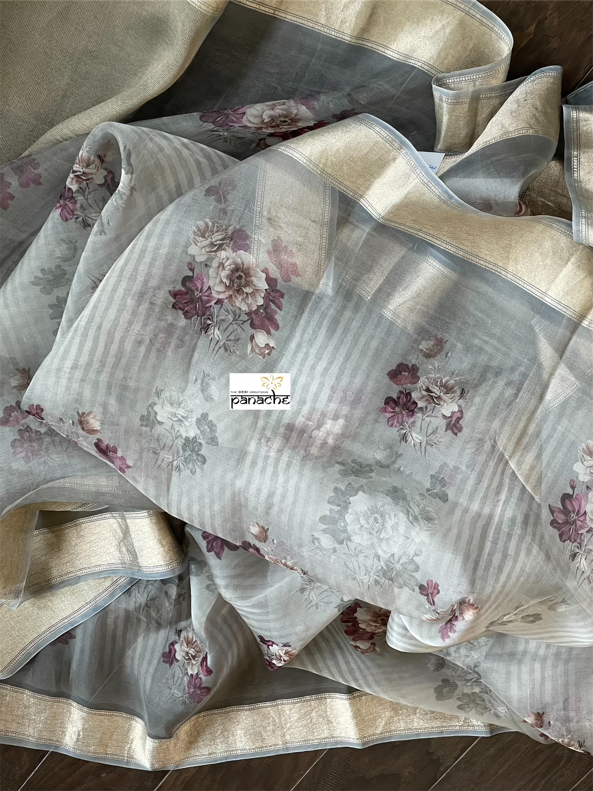 Banarasi Organza Floral - Grey Antique Golden Zari