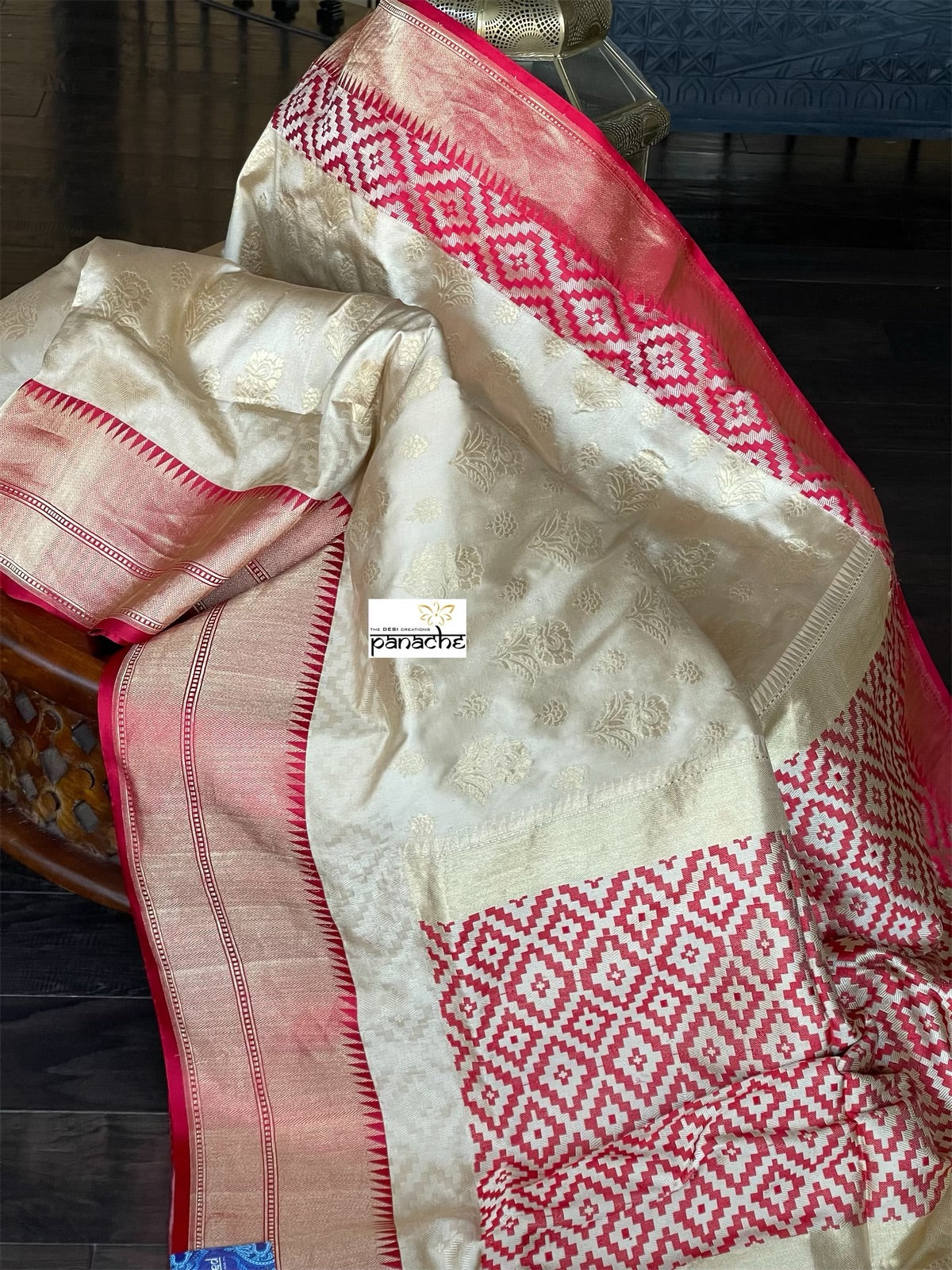 Pure Katan Silk Banarasi - Golden Beige Red Kadwa woven