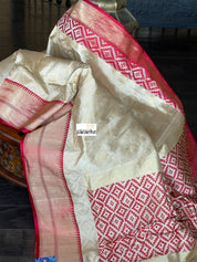 Pure Katan Silk Banarasi - Golden Beige Red Kadwa woven